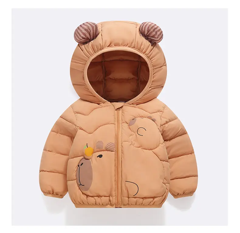 Kids Cute Bear Hooded Puffer Jacket Beige - Image 2