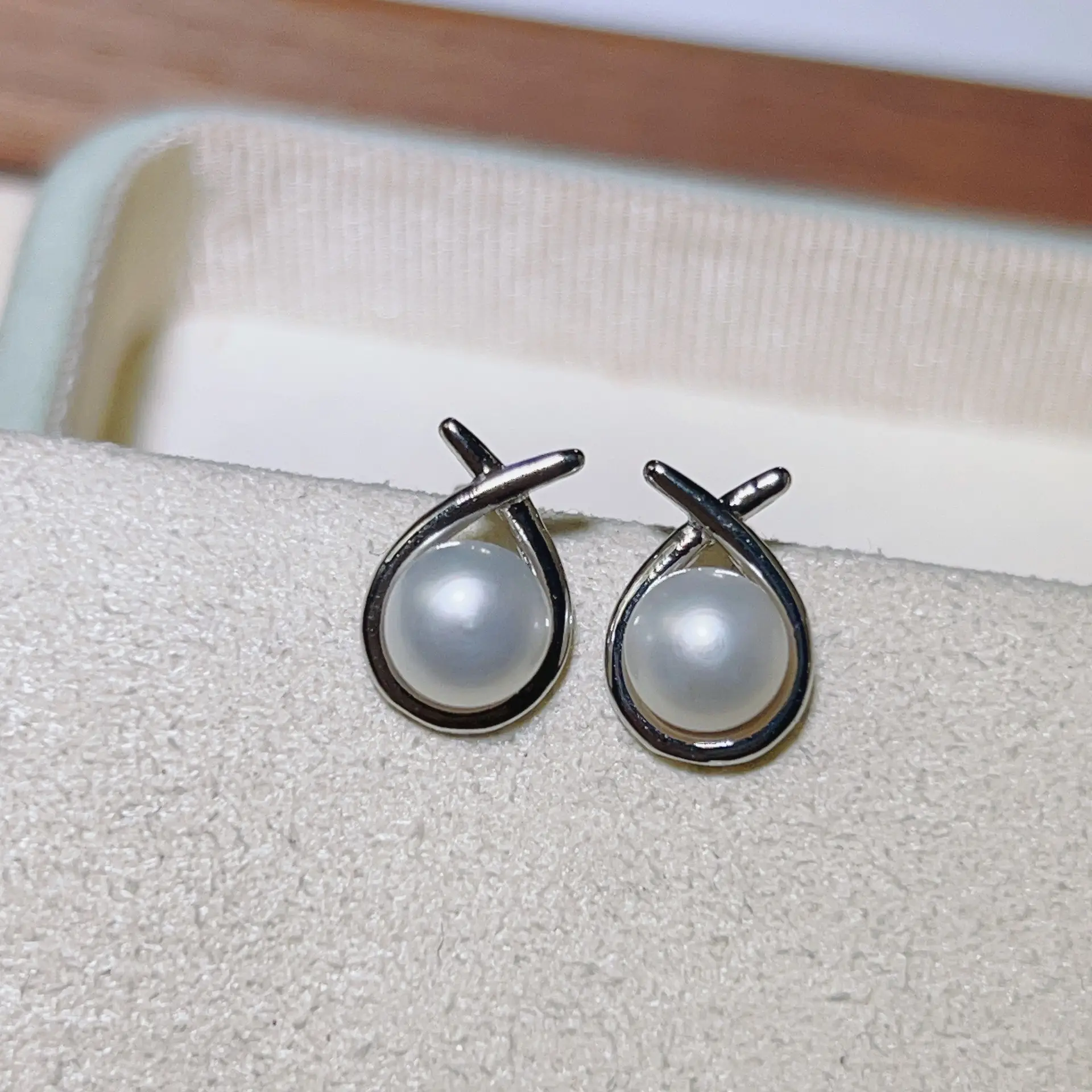 Korean Style Cross Pearl Earrings S925 Silver Drop Shaped