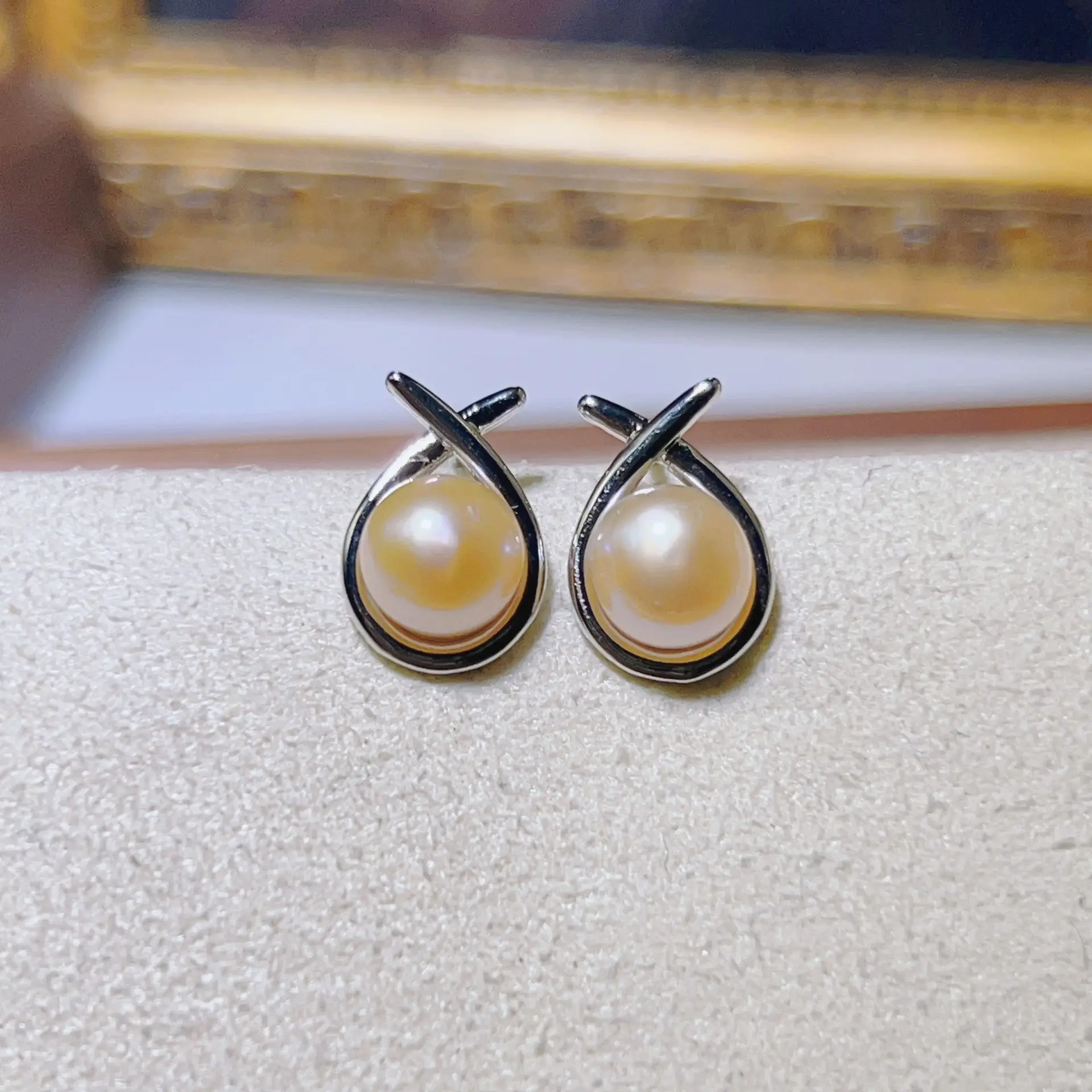 Korean Style Cross Pearl Earrings S925 Silver Drop Shaped