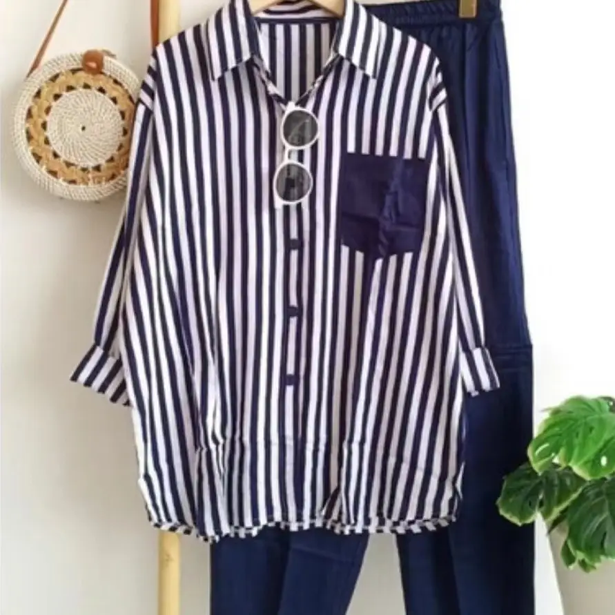 Women Striped Polo Collar Top Pants Suit 2023 - Image 2
