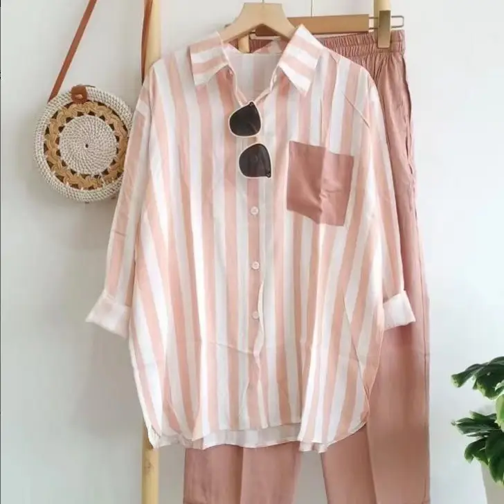 Women Striped Polo Collar Top Pants Suit 2023 - Image 4