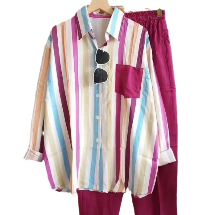 Women Striped Polo Collar Top Pants Suit 2023 - Image 5