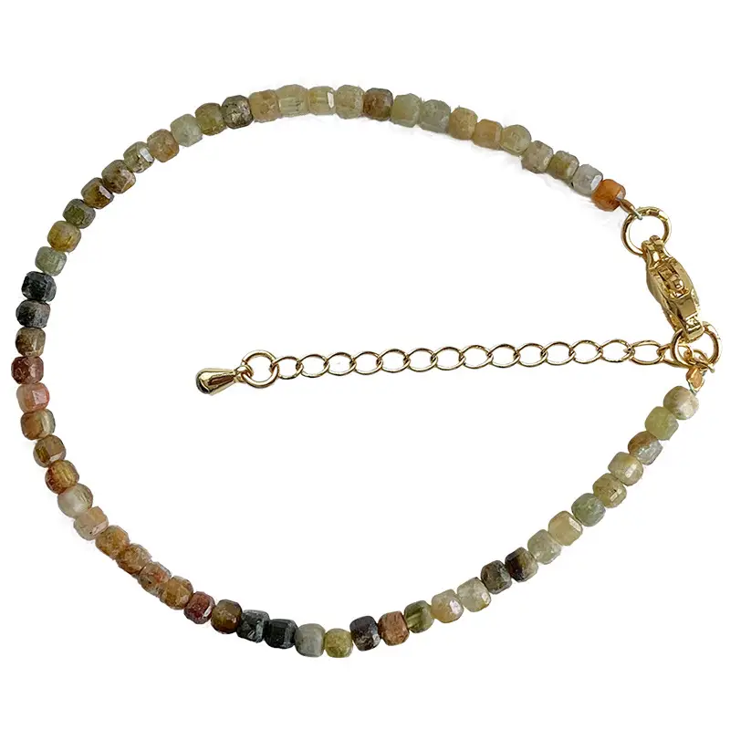 Jingyao Natural Gradient Rainbow Green Garnet Bracelet Mini Small Cube Mineral Encapsulated Crystal Bracelet