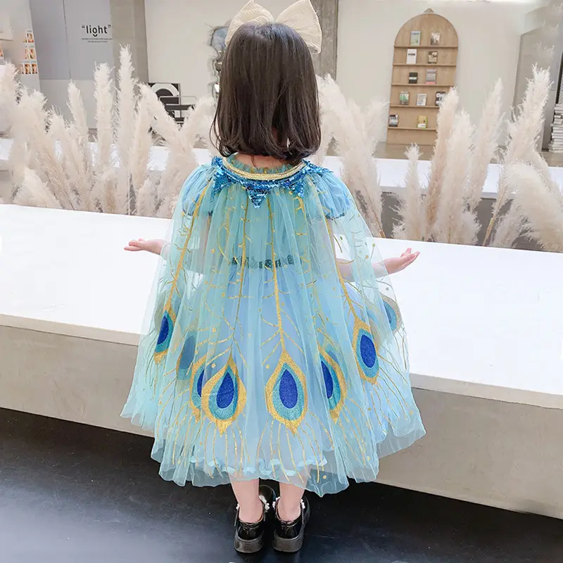Blue Gauze Flashy Cape Dress for Girls