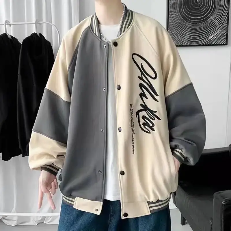Men's 2022 Bomber Jacket Beige Grey Print - Image 3