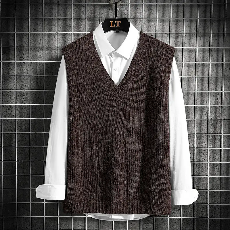 Men's V-Neck Waistcoat Vest Brown Knit - Image 3