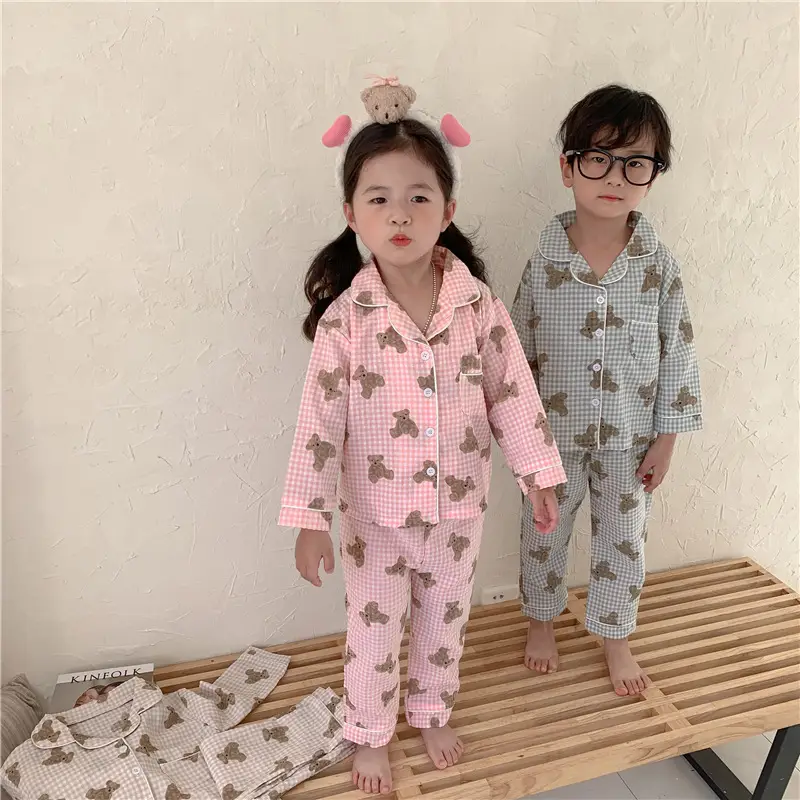 Korean Style Baby Bear Plaid Cotton Pajamas Set