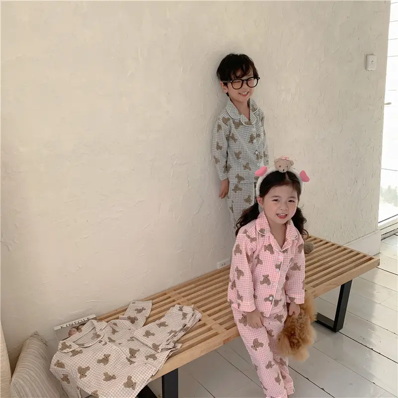 Korean Style Baby Bear Plaid Cotton Pajamas Set