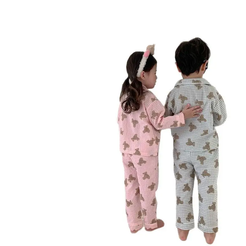 Korean Style Baby Bear Plaid Cotton Pajamas Set