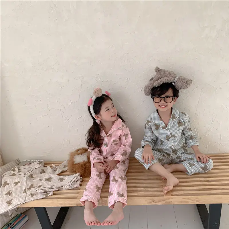 Korean Style Baby Bear Plaid Cotton Pajamas Set — feature 10