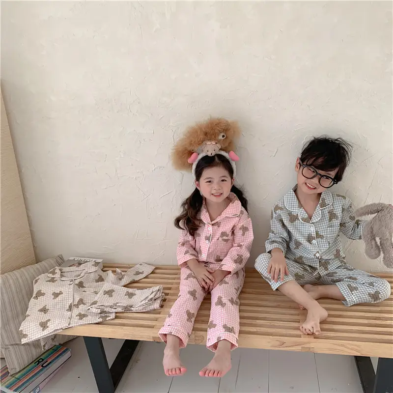 Korean Style Baby Bear Plaid Cotton Pajamas Set — feature 11