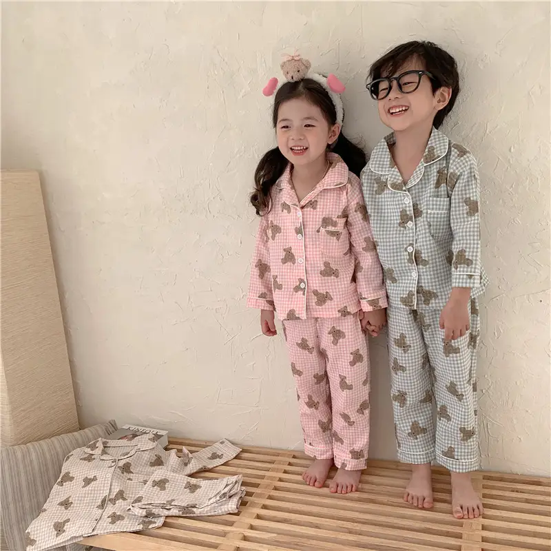 Korean Style Baby Bear Plaid Cotton Pajamas Set — feature 12