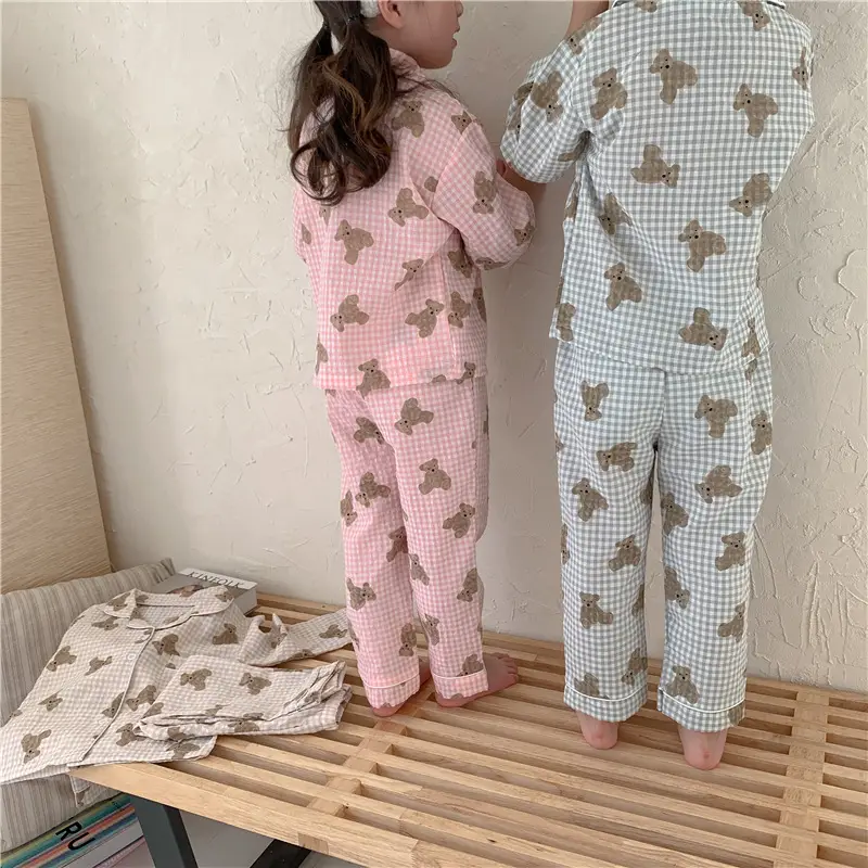 Korean Style Baby Bear Plaid Cotton Pajamas Set — feature 13