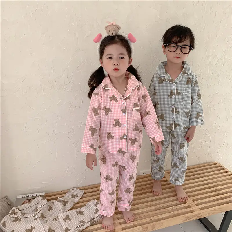 Korean Style Baby Bear Plaid Cotton Pajamas Set — feature 14