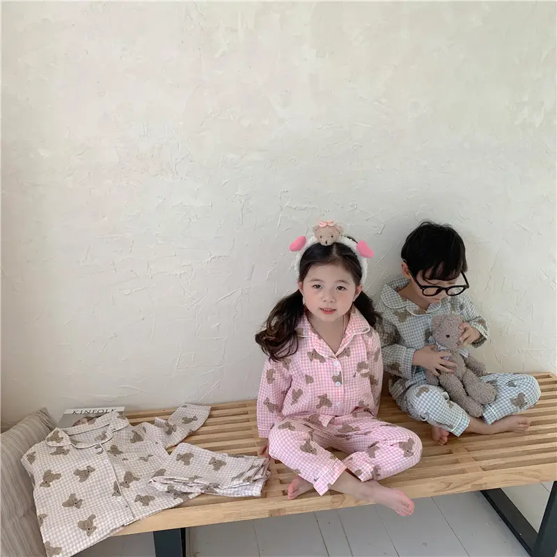 Korean Style Baby Bear Plaid Cotton Pajamas Set — feature 15