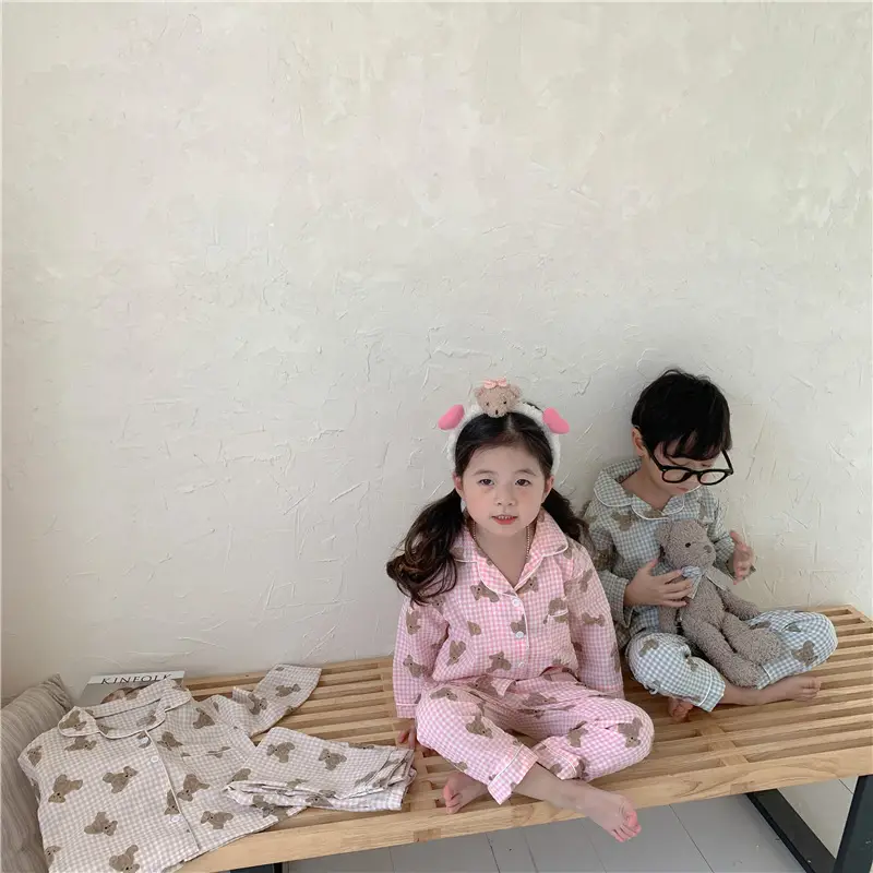 Korean Style Baby Bear Plaid Cotton Pajamas Set — feature 16