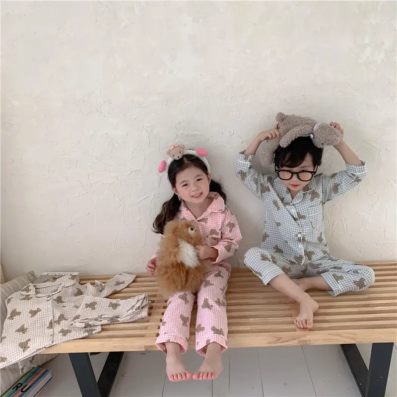 Korean Style Baby Bear Plaid Cotton Pajamas Set — feature 17