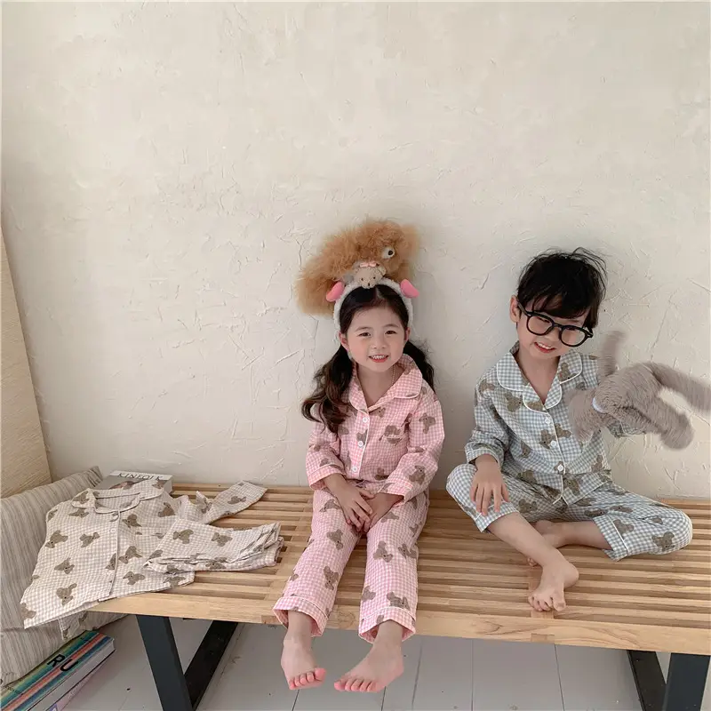 Korean Style Baby Bear Plaid Cotton Pajamas Set — feature 18
