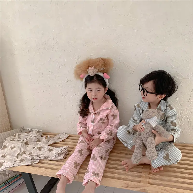 Korean Style Baby Bear Plaid Cotton Pajamas Set — feature 19