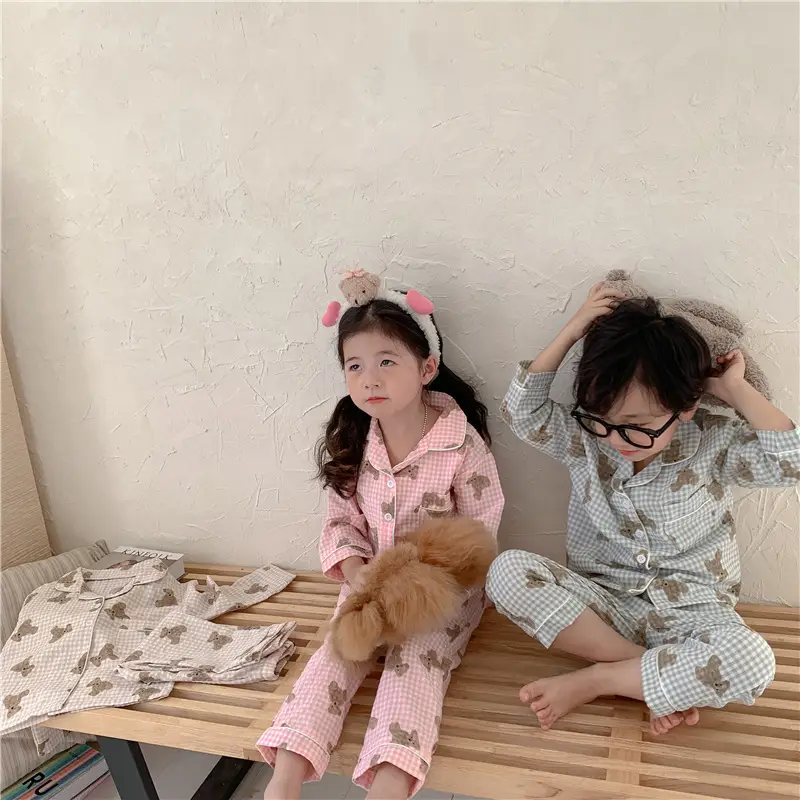 Korean Style Baby Bear Plaid Cotton Pajamas Set — feature 20