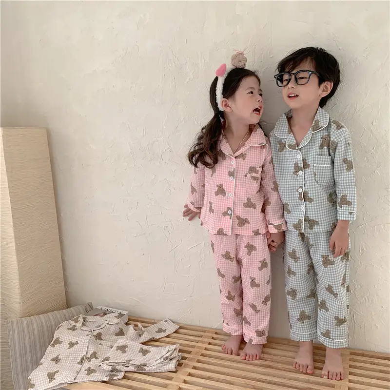 Korean Style Baby Bear Plaid Cotton Pajamas Set — feature 21