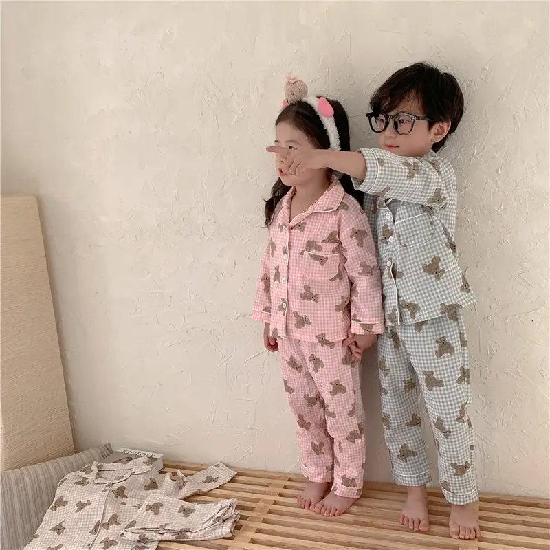 Korean Style Baby Bear Plaid Cotton Pajamas Set — feature 22