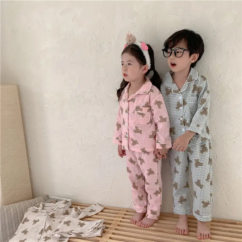 Korean Style Baby Bear Plaid Cotton Pajamas Set — feature 23