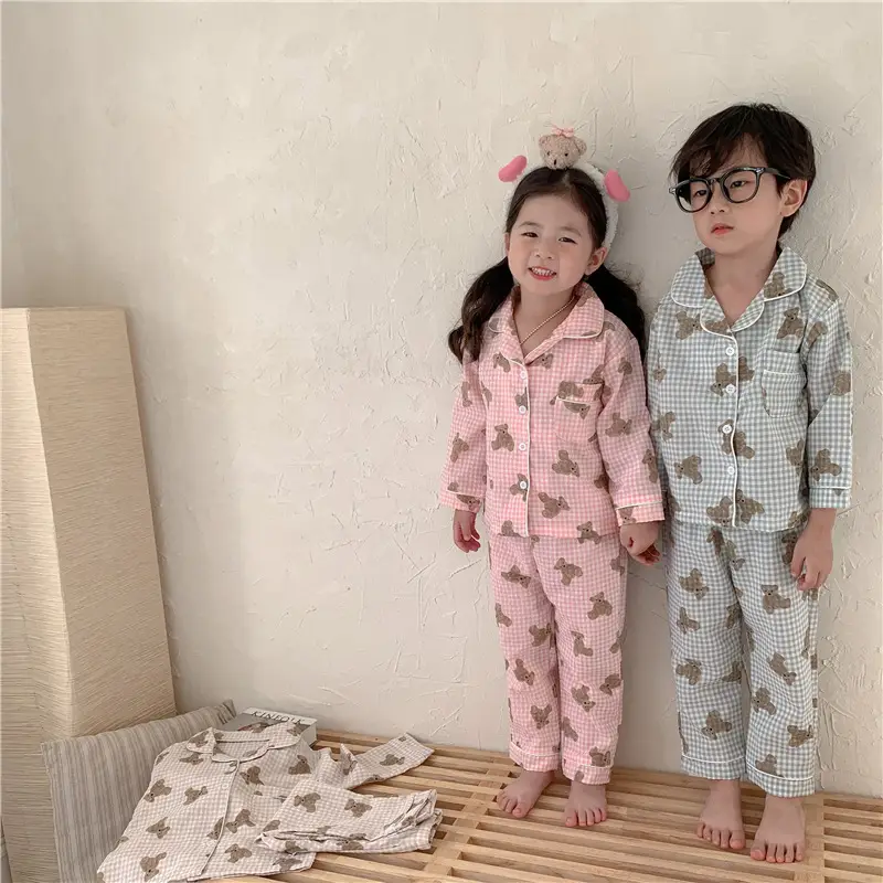 Korean Style Baby Bear Plaid Cotton Pajamas Set — feature 24