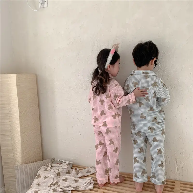 Korean Style Baby Bear Plaid Cotton Pajamas Set — feature 26