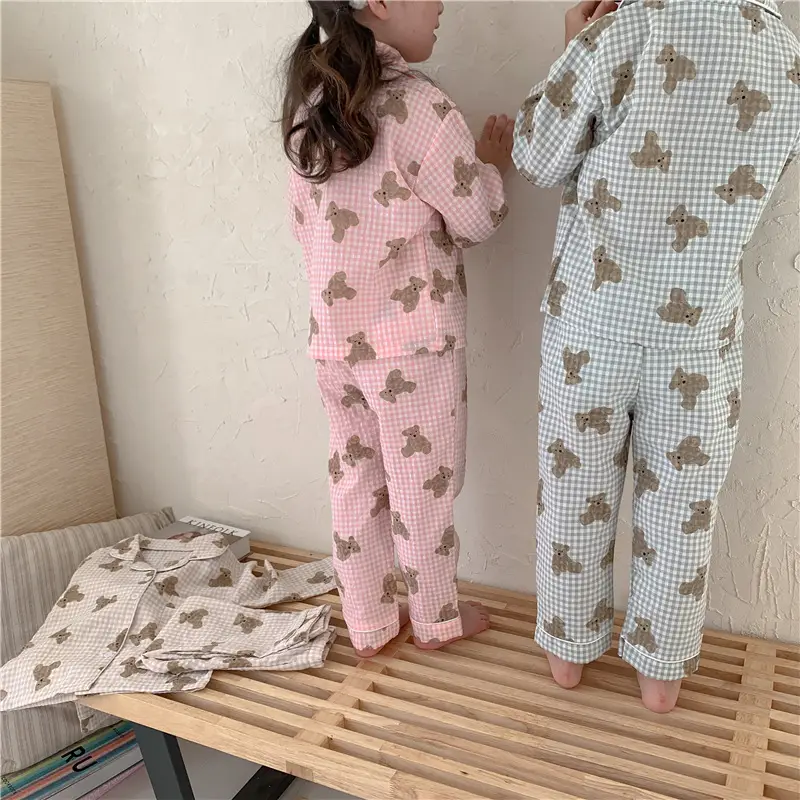 Korean Style Baby Bear Plaid Cotton Pajamas Set — feature 27