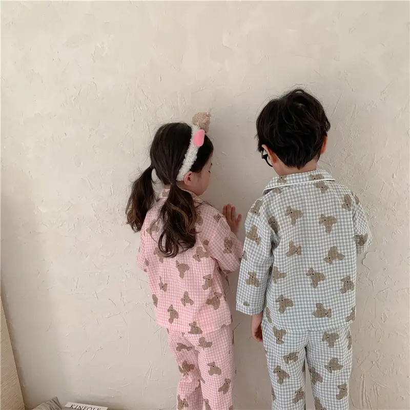 Korean Style Baby Bear Plaid Cotton Pajamas Set — feature 28