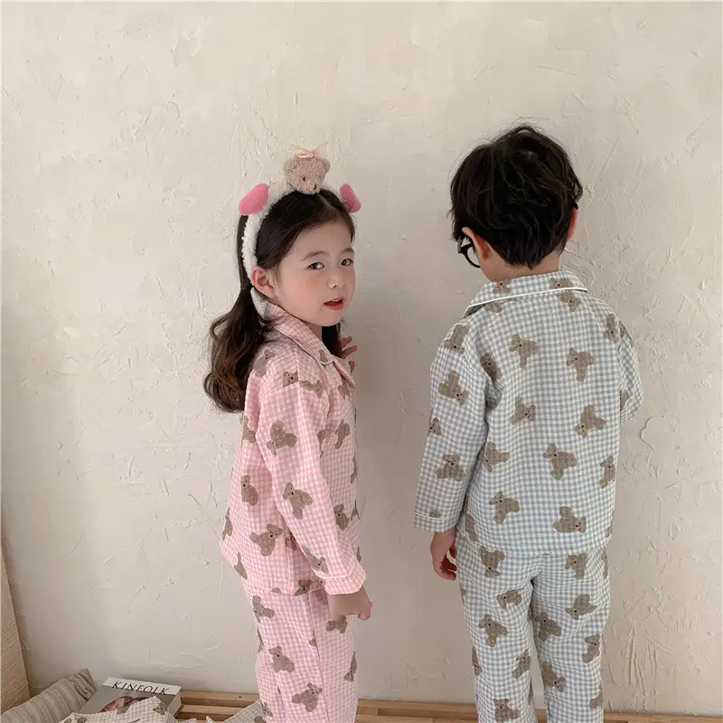 Korean Style Baby Bear Plaid Cotton Pajamas Set — feature 29