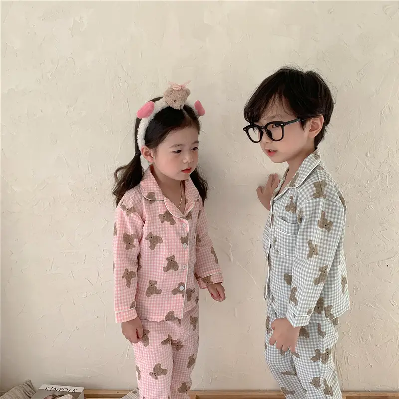 Korean Style Baby Bear Plaid Cotton Pajamas Set — feature 30
