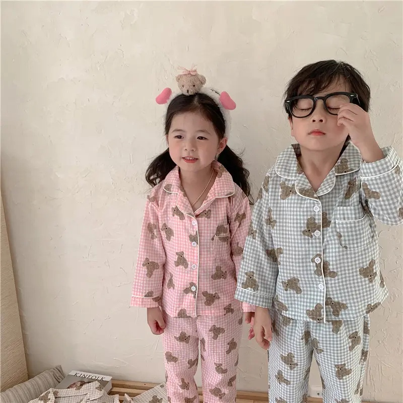 Korean Style Baby Bear Plaid Cotton Pajamas Set — feature 31