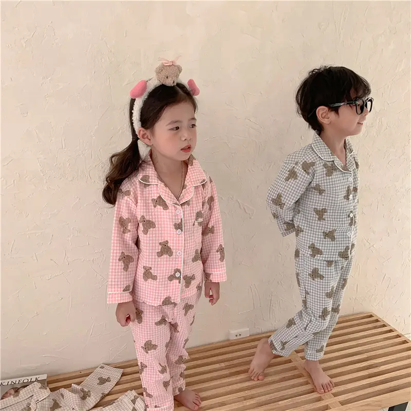 Korean Style Baby Bear Plaid Cotton Pajamas Set — feature 32