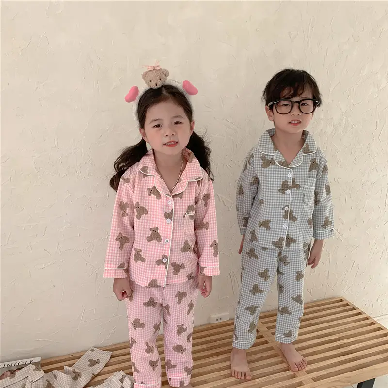 Korean Style Baby Bear Plaid Cotton Pajamas Set — feature 33