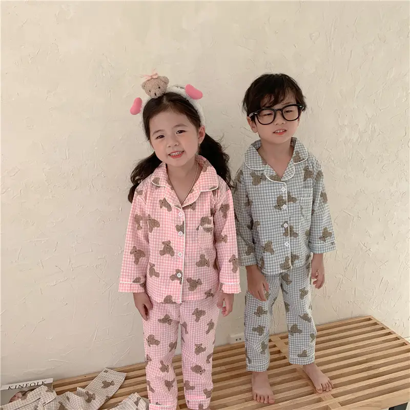 Korean Style Baby Bear Plaid Cotton Pajamas Set — feature 34