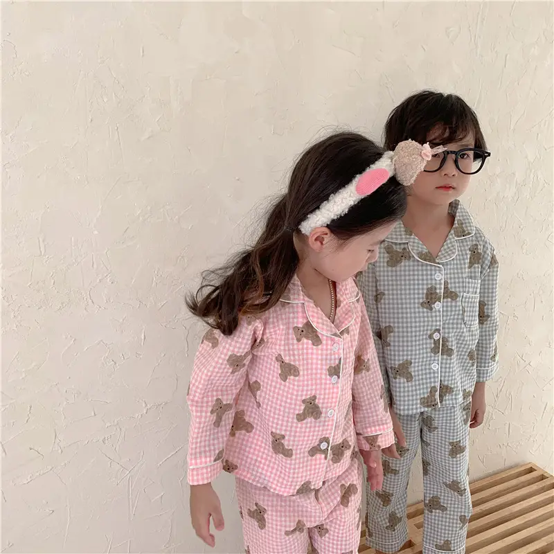 Korean Style Baby Bear Plaid Cotton Pajamas Set — feature 35
