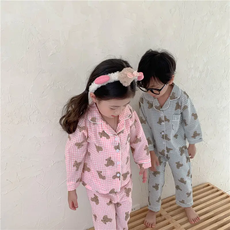 Korean Style Baby Bear Plaid Cotton Pajamas Set — feature 36