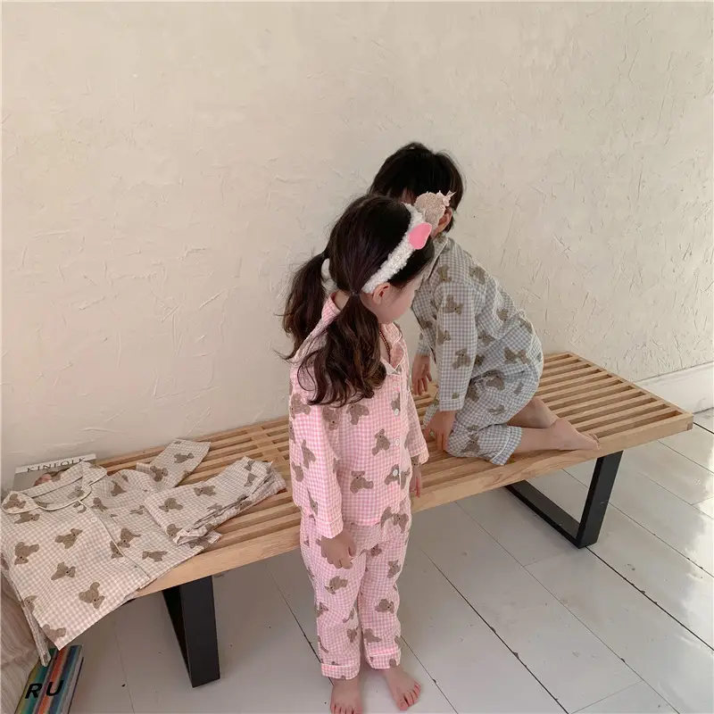 Korean Style Baby Bear Plaid Cotton Pajamas Set — feature 37