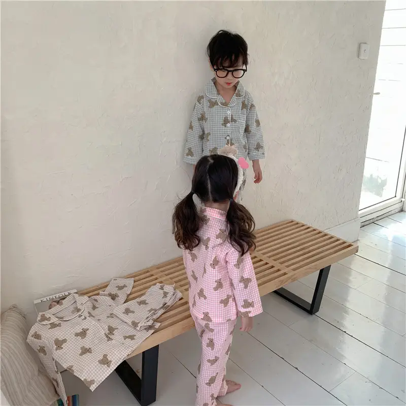 Korean Style Baby Bear Plaid Cotton Pajamas Set — feature 38