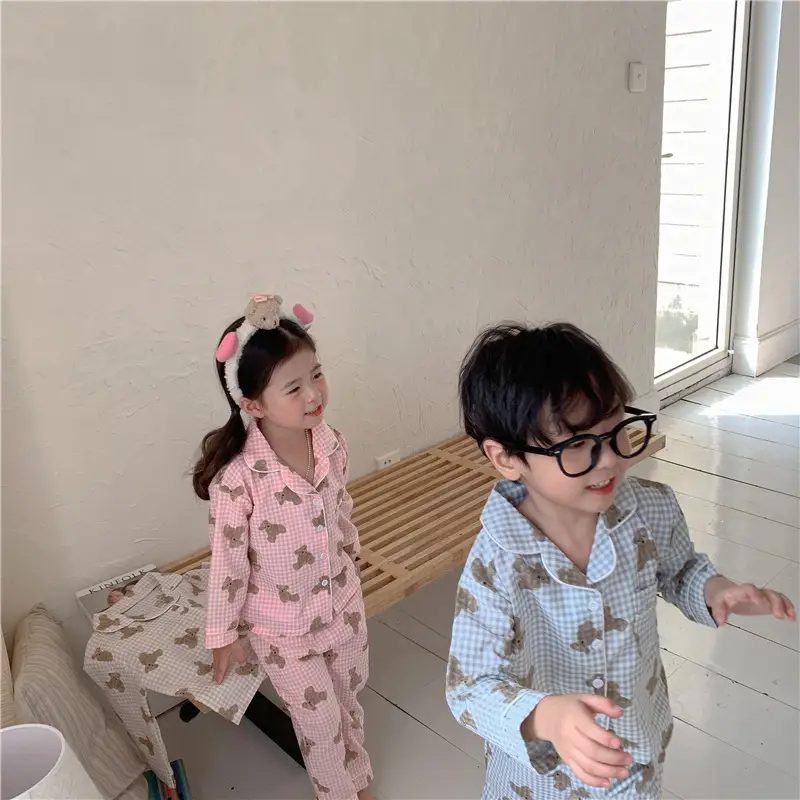 Korean Style Baby Bear Plaid Cotton Pajamas Set — feature 39