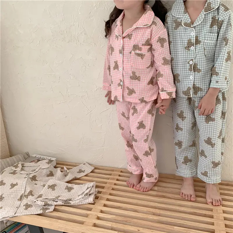 Korean Style Baby Bear Plaid Cotton Pajamas Set — feature 4
