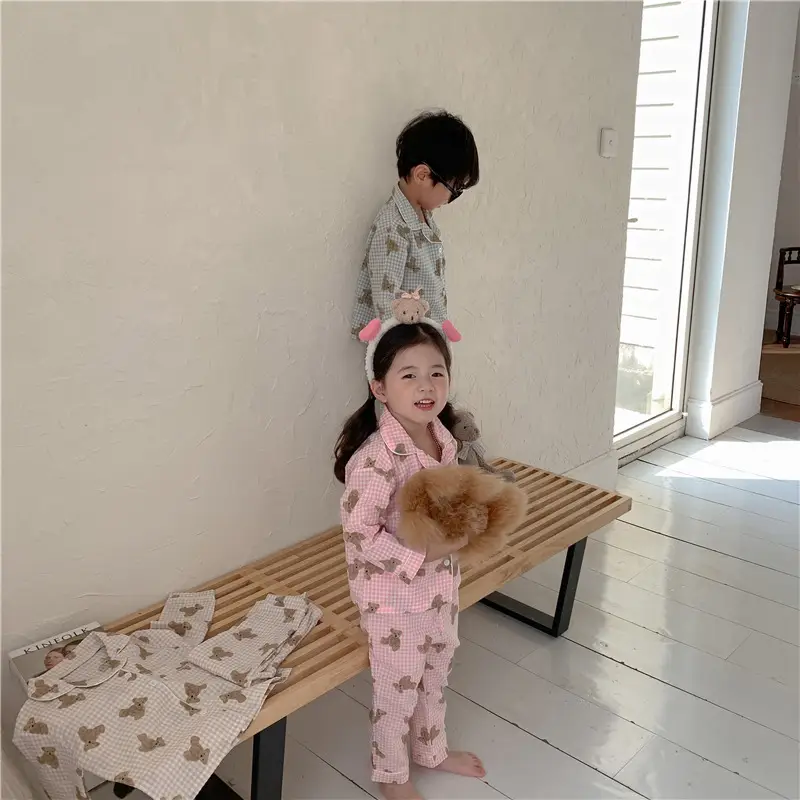 Korean Style Baby Bear Plaid Cotton Pajamas Set — feature 40