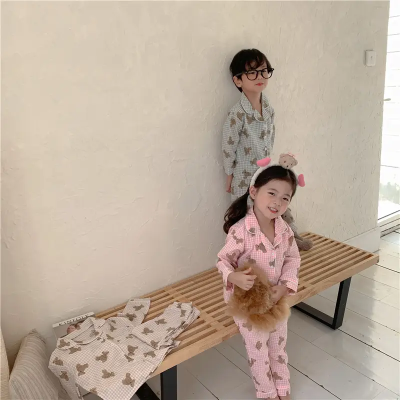 Korean Style Baby Bear Plaid Cotton Pajamas Set — feature 41
