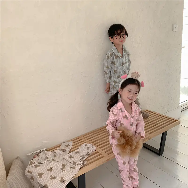Korean Style Baby Bear Plaid Cotton Pajamas Set — feature 42