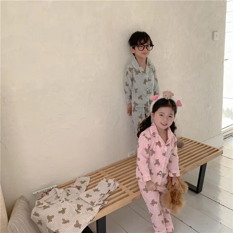 Korean Style Baby Bear Plaid Cotton Pajamas Set — feature 43