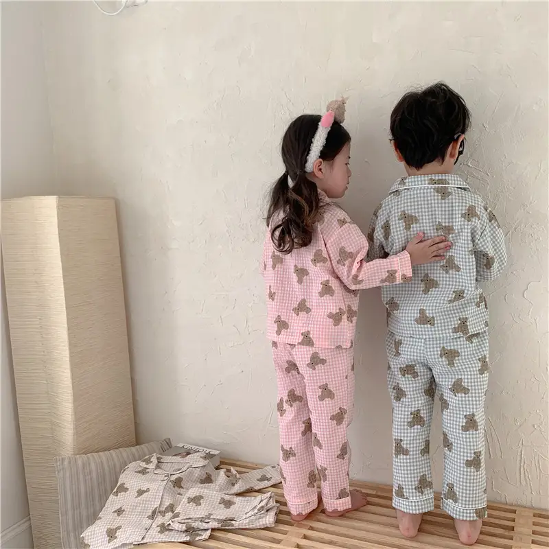 Korean Style Baby Bear Plaid Cotton Pajamas Set — feature 5