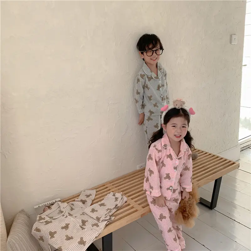 Korean Style Baby Bear Plaid Cotton Pajamas Set — feature 6