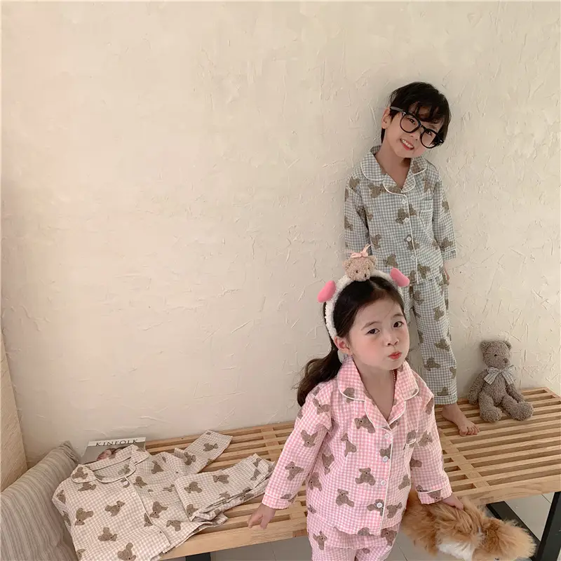 Korean Style Baby Bear Plaid Cotton Pajamas Set — feature 7